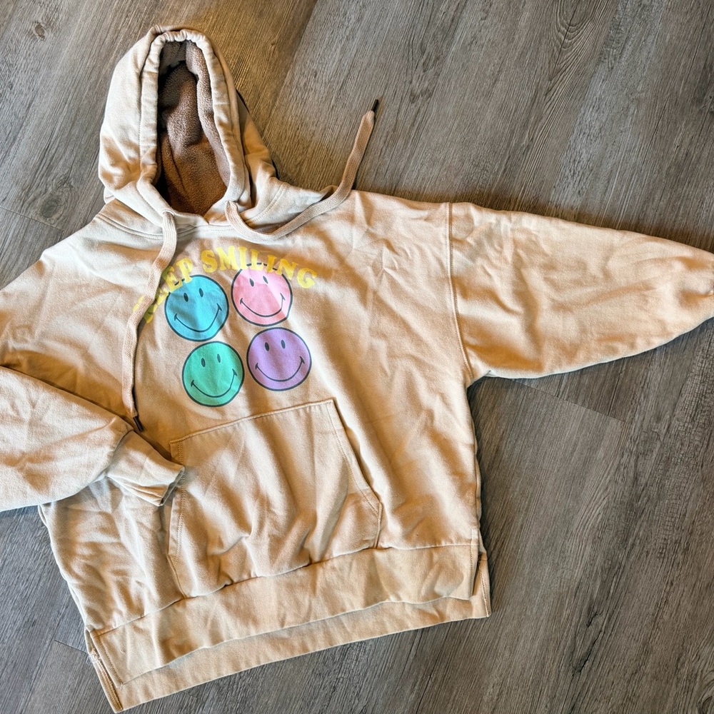 American Eagle Tan Hoodie with Colorful Smiley Faces. XXS oversized fit
